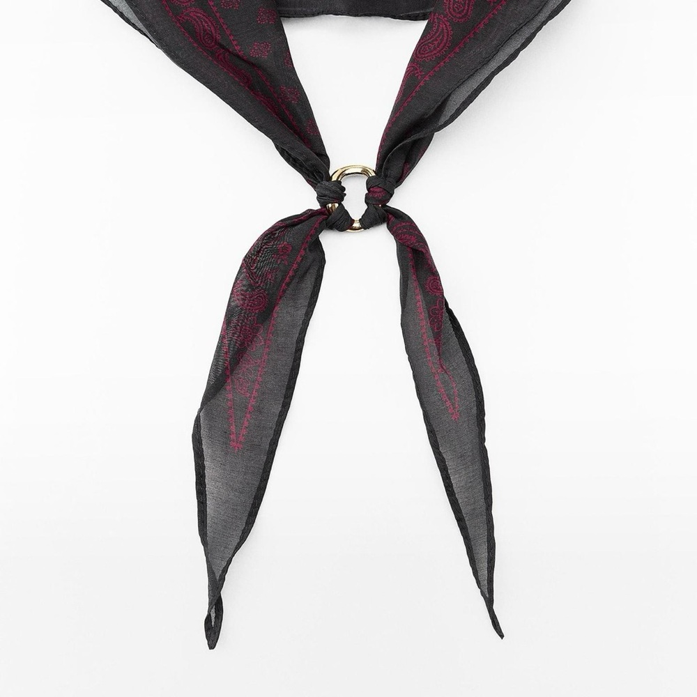 Chic Black and Red Scarf with Gold Ring